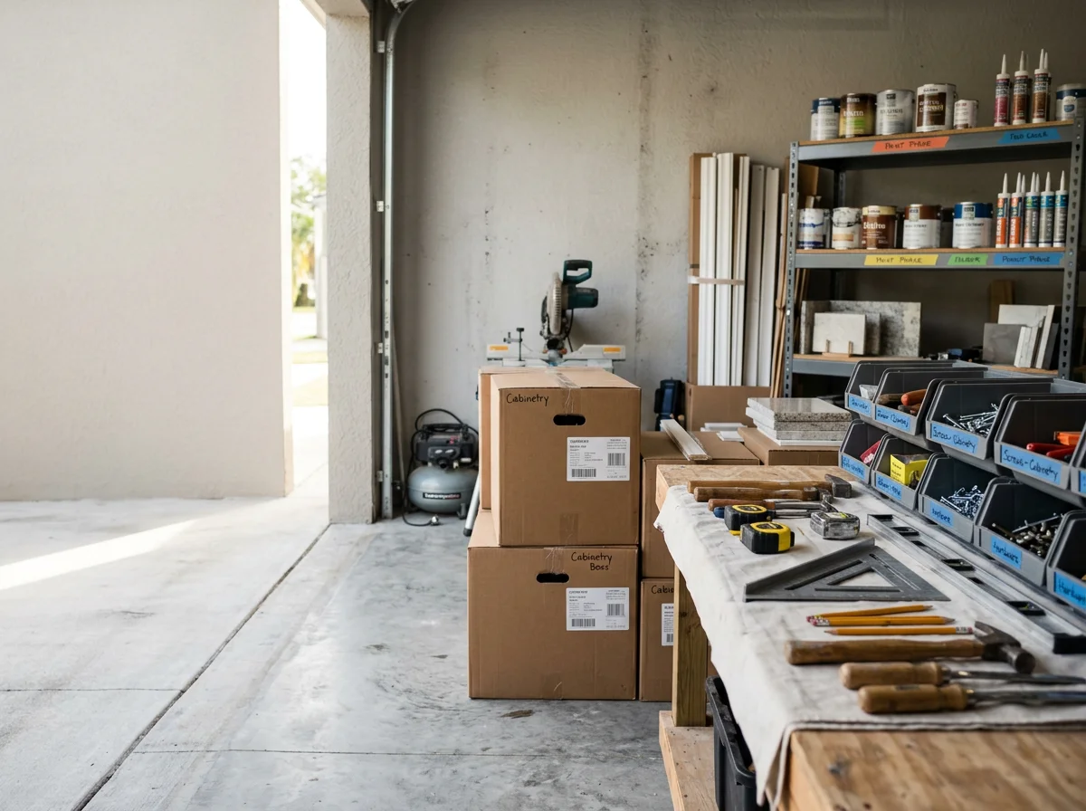 Construction crew tools and materials organized on a job site, ready for residential remodeling work.