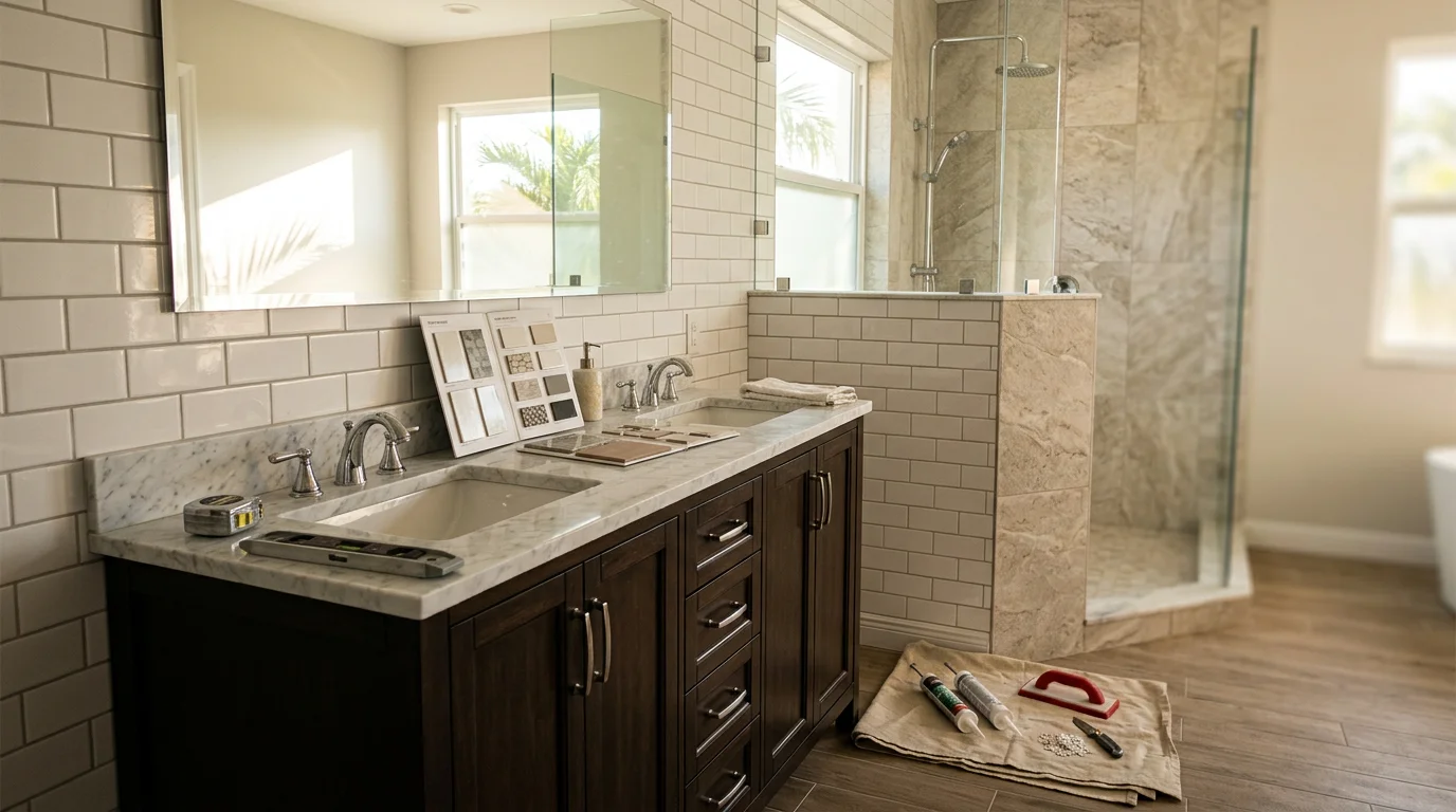 Renovated bathroom with new tile, fixtures, and flooring