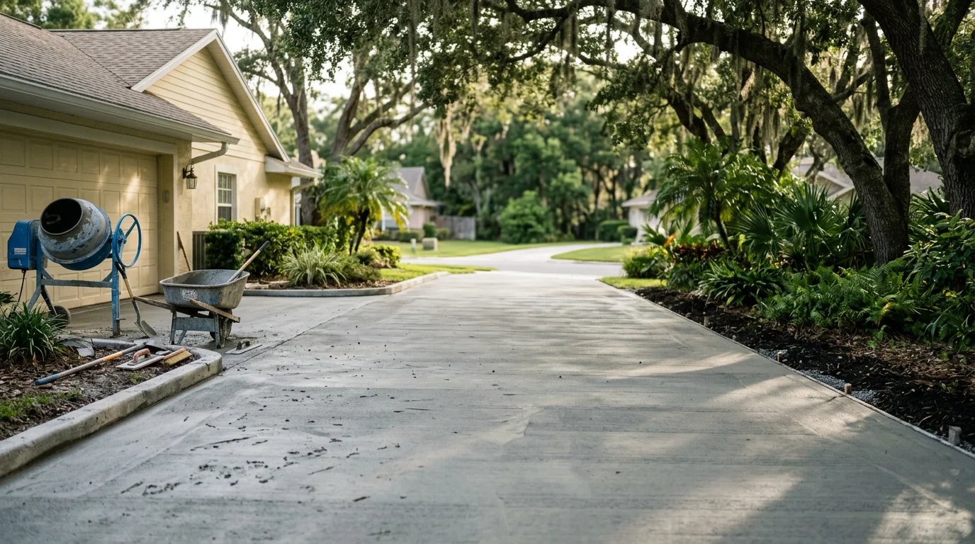 Finished concrete driveway and patio area
