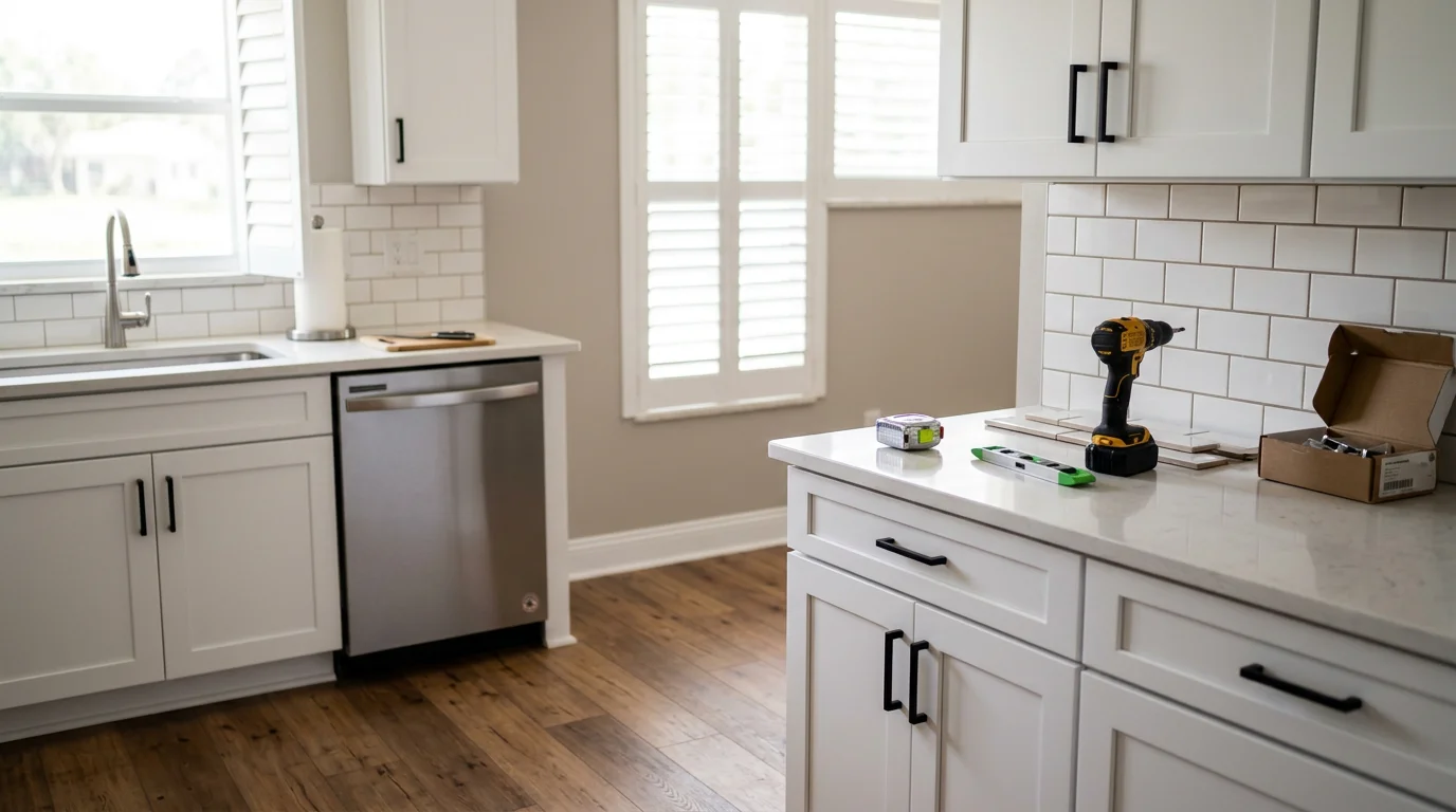 Modern kitchen with new cabinets, countertops, and flooring