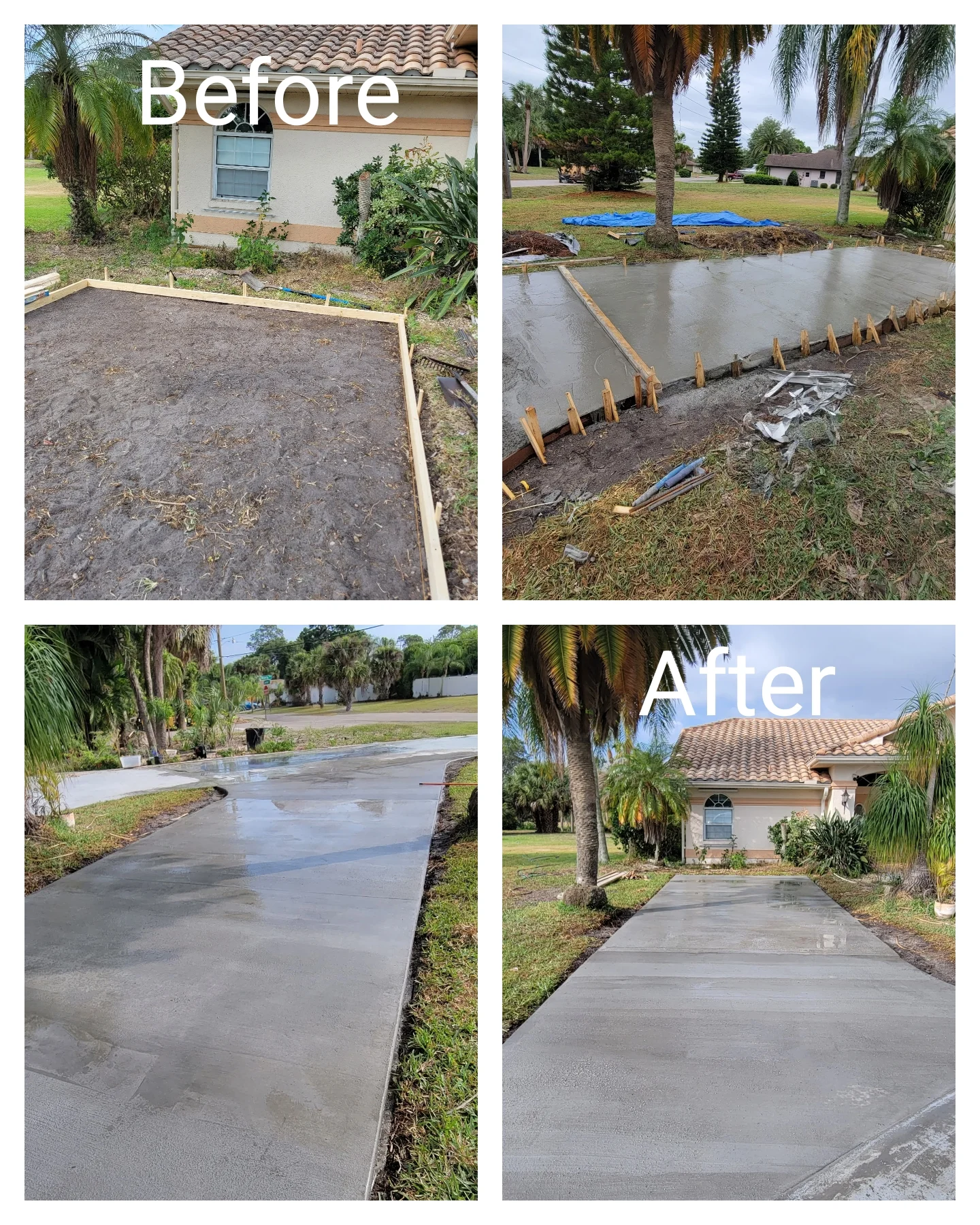 Concrete driveway installation with wooden forms and finished gray concrete surface