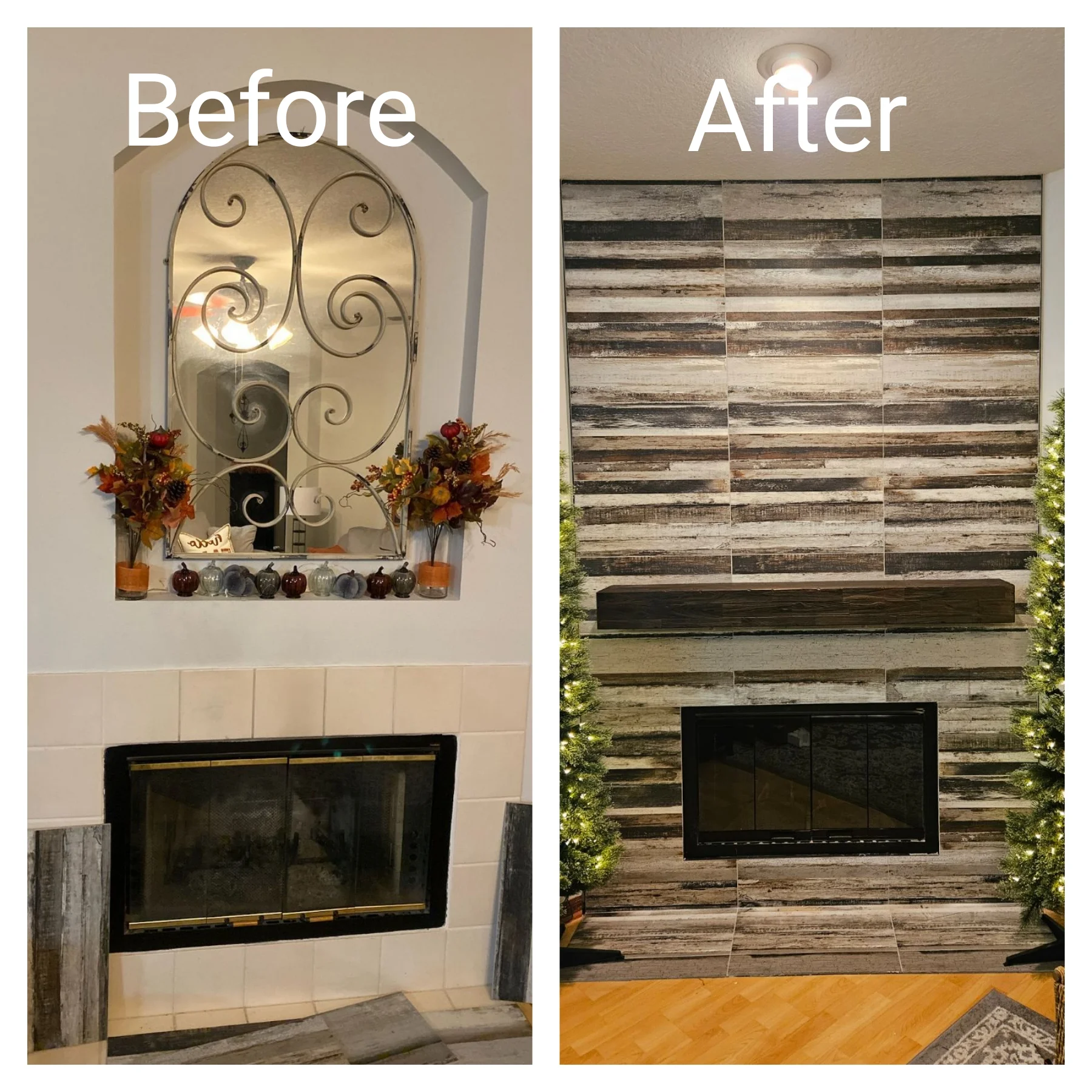 Stacked stone fireplace surround with linear insert and black frame, before and after comparison