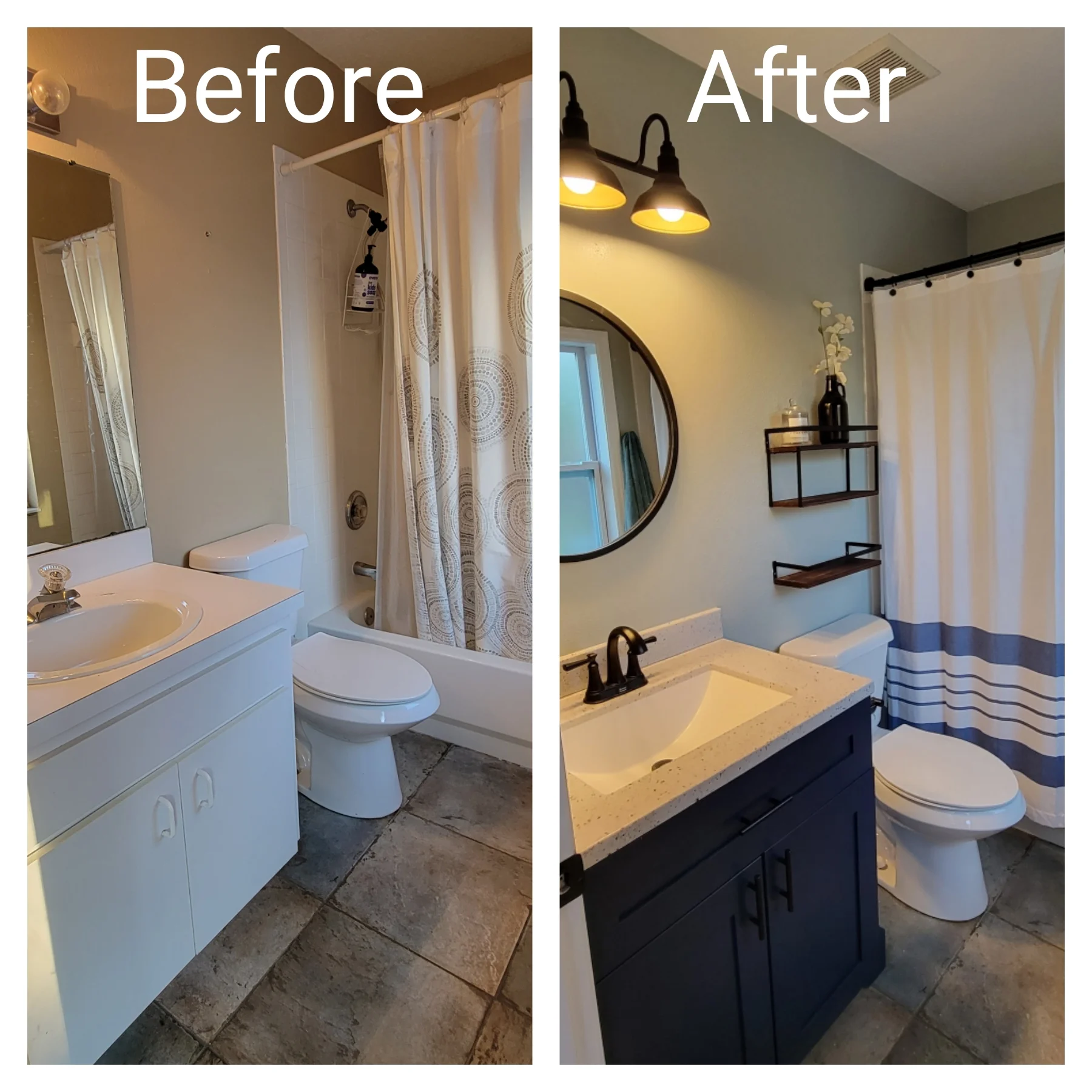 Bathroom remodel with black vanity, quartz countertop, pendant lights, and updated fixtures