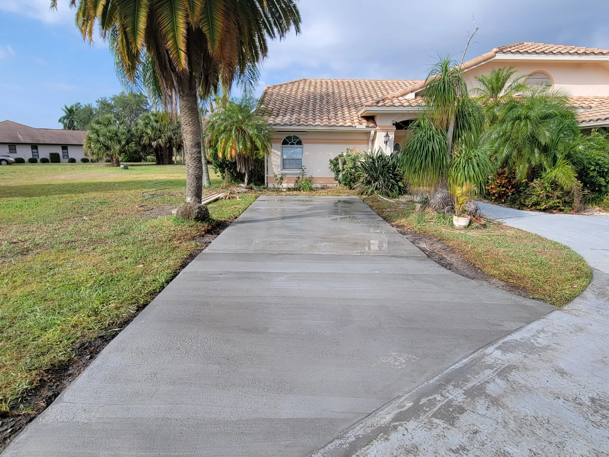 Newly poured concrete driveway with clean edges leading to residential home entrance