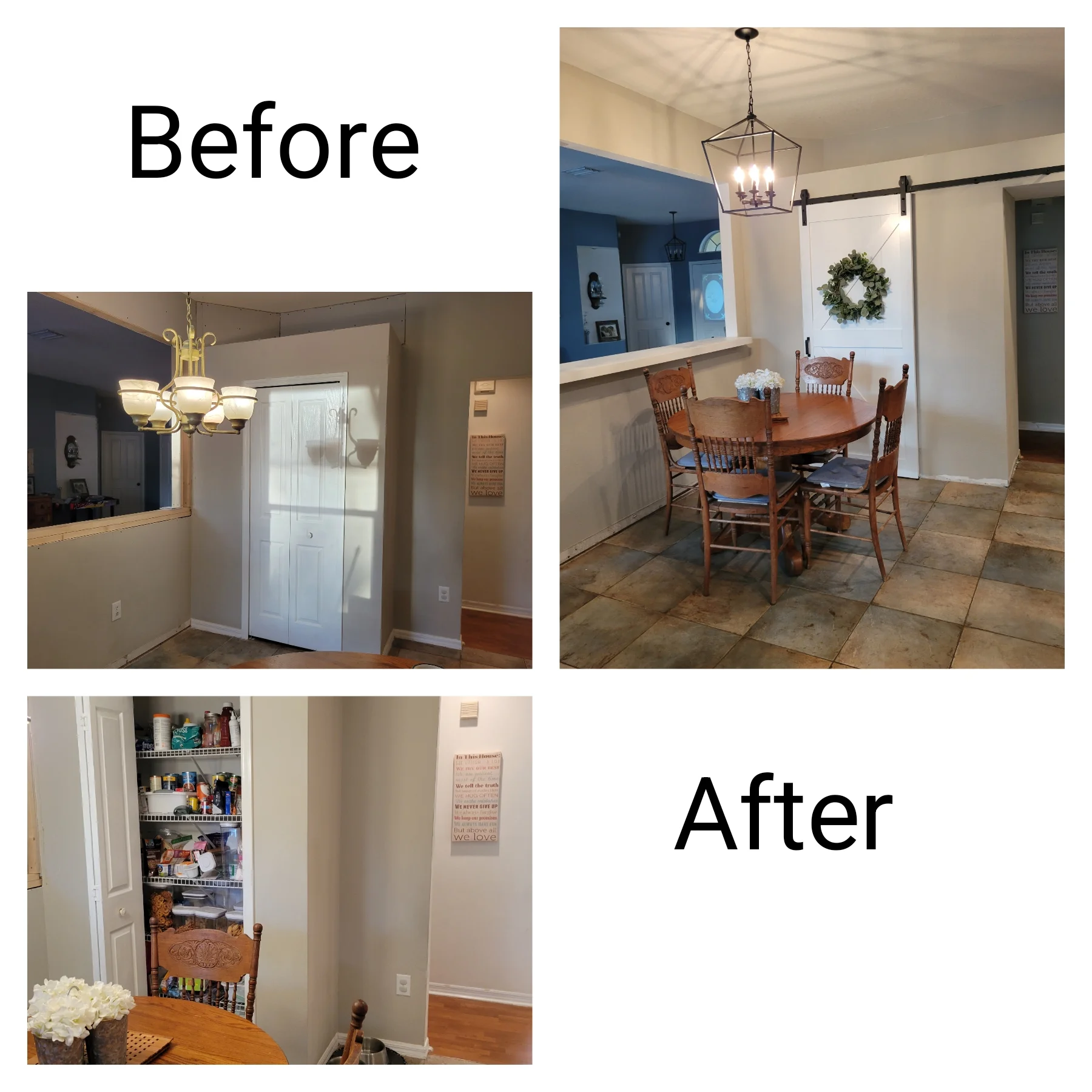 Open-concept kitchen and dining area with pendant lighting, white cabinetry, and wood dining table