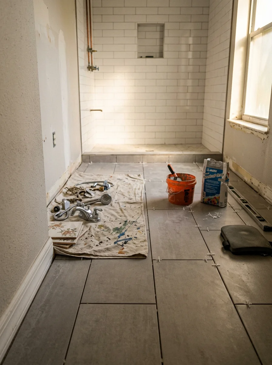 Bathroom renovation inside a Clearwater home showing new large-format tile being installed on the floor and shower walls, with original 1970s fixtures removed.