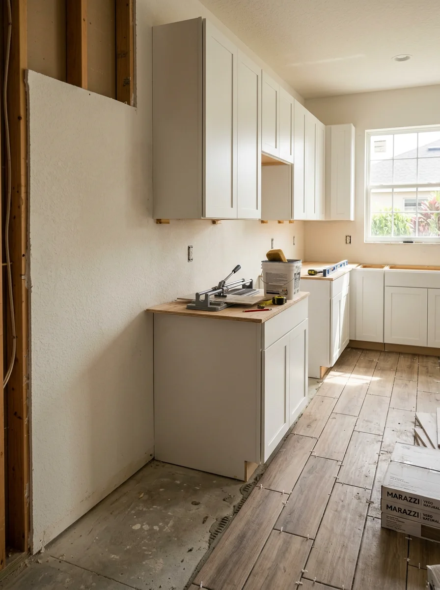 Kitchen remodel in progress inside a Lutz master-planned community home, showing new cabinet installation and tile flooring being laid on a concrete slab foundation.