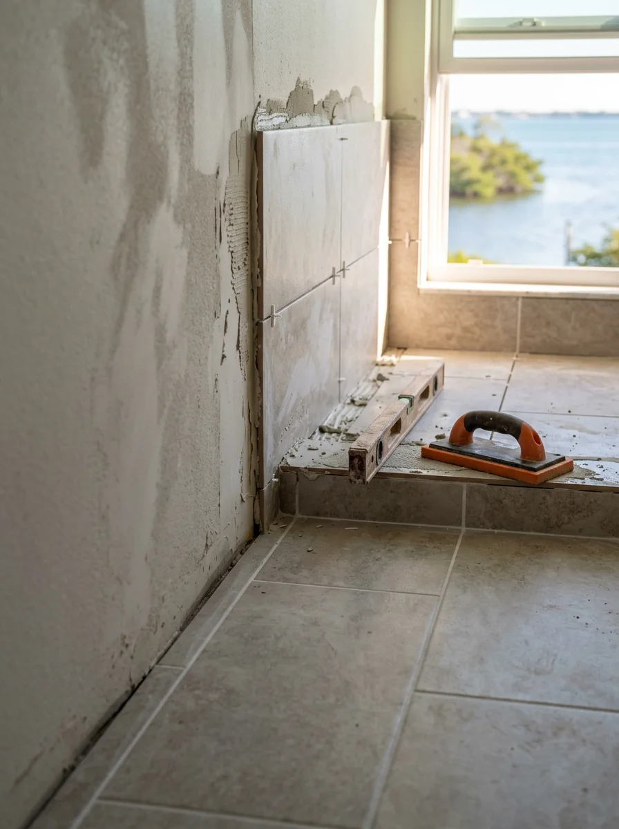 Interior of an Oldsmar bathroom mid-renovation, showing new tile work on the floor and walls with Old Tampa Bay visible through the window.