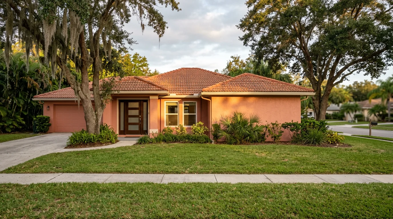 Exterior view of a 1980s single-family home in Oldsmar, Florida, with a freshly installed front door and new windows visible from the street.