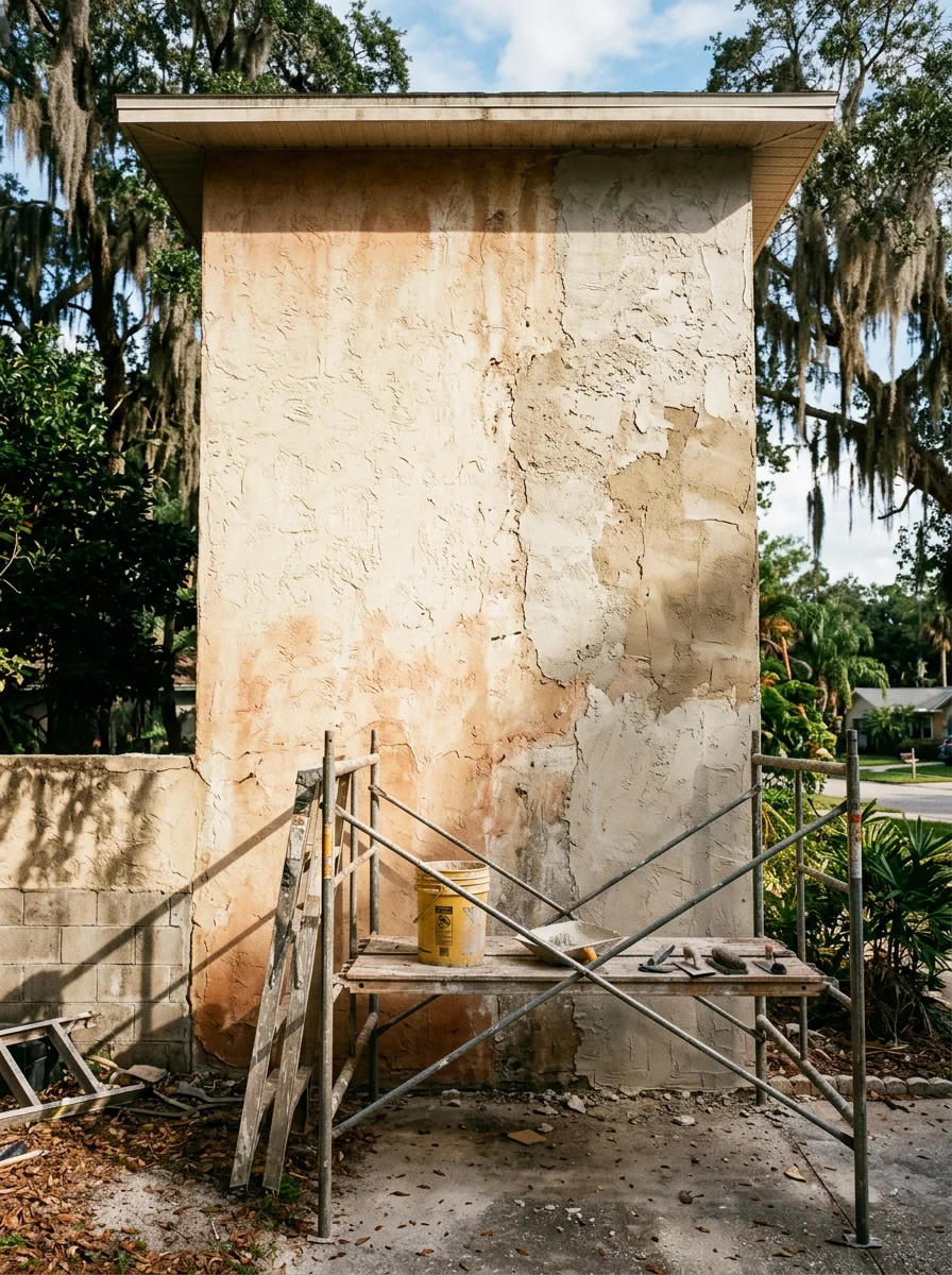 Exterior stucco repair in progress on a Palm Harbor home near Ozona, showing patched and re-textured wall sections on the west-facing elevation.