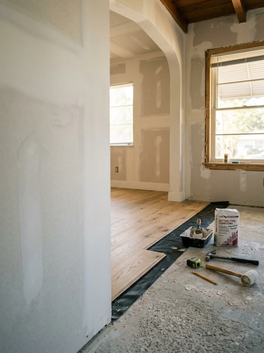Interior room renovation in a South Tampa mid-century ranch home showing new drywall installation and fresh flooring being laid over the original concrete slab.