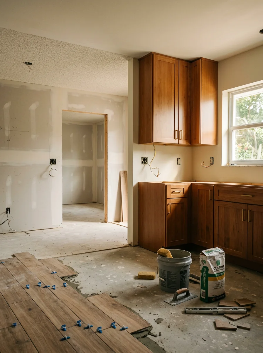 Kitchen renovation in progress inside a Tampa ranch home, showing new cabinet installation and tile flooring being laid on a concrete slab.