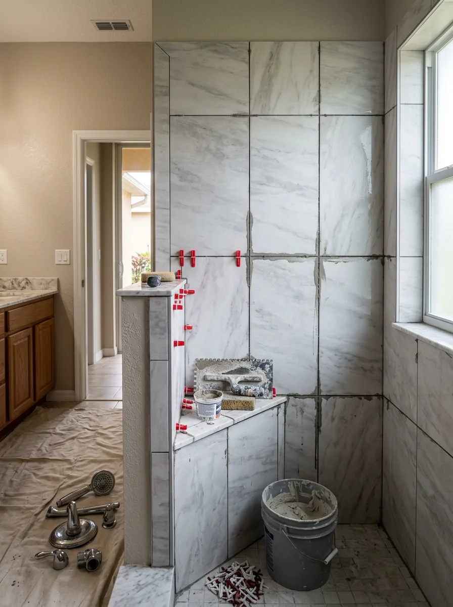 Bathroom renovation in a Wesley Chapel home showing new large-format tile being installed on the shower walls, with original builder-grade fixtures removed.
