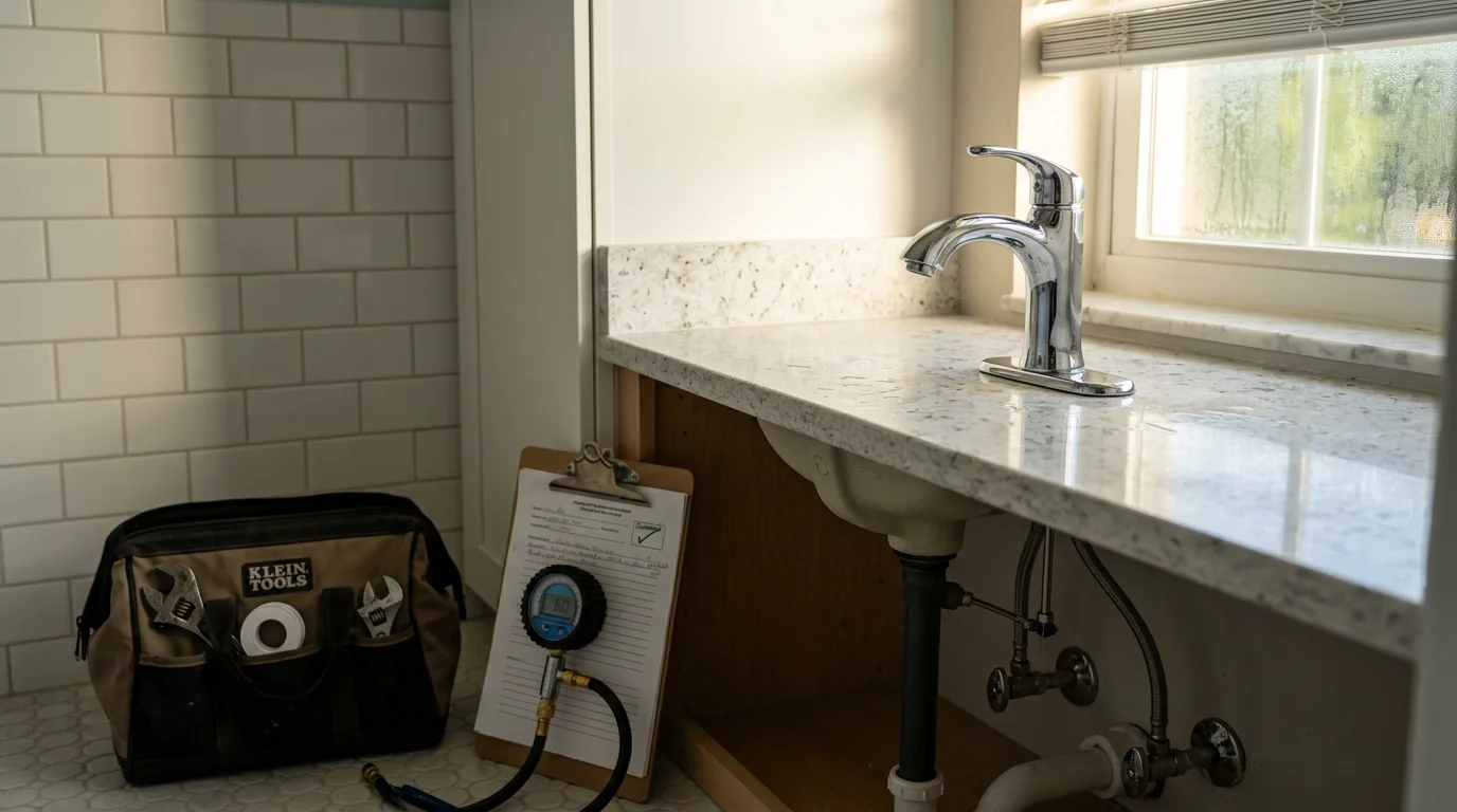 A newly installed bathroom vanity sink and faucet in an Oldsmar, Florida home, showing clean supply line connections and a finished chrome fixture against a tiled backsplash.