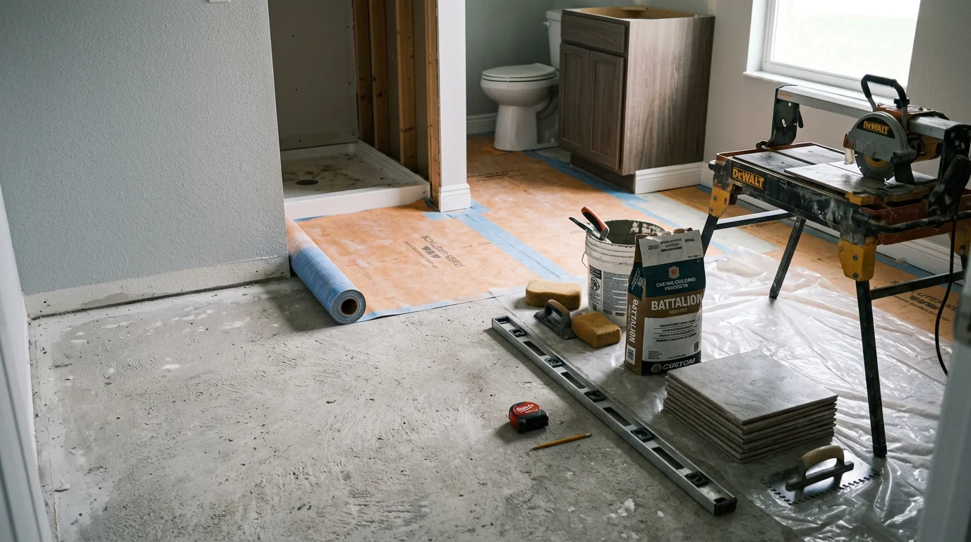 Newly installed moisture-resistant bathroom floor in an Oldsmar home, showing clean grout lines and a finished edge at the base of a vanity. The floor reflects natural light from a window, with no visible gaps or lifting at the walls.