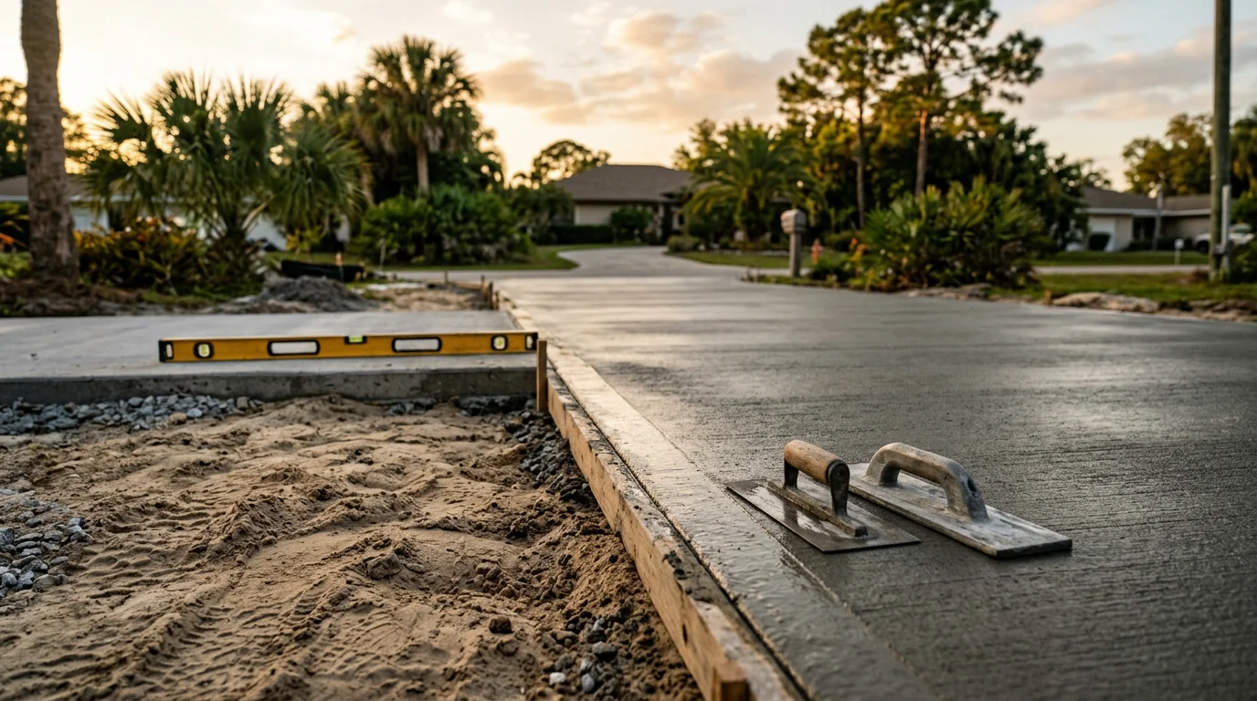 A freshly installed concrete driveway in front of a residential home in Oldsmar, Florida, showing a smooth broom-finished surface with clean edges and proper slope for drainage. The driveway connects the street to a two-car garage under bright Florida sunlight.