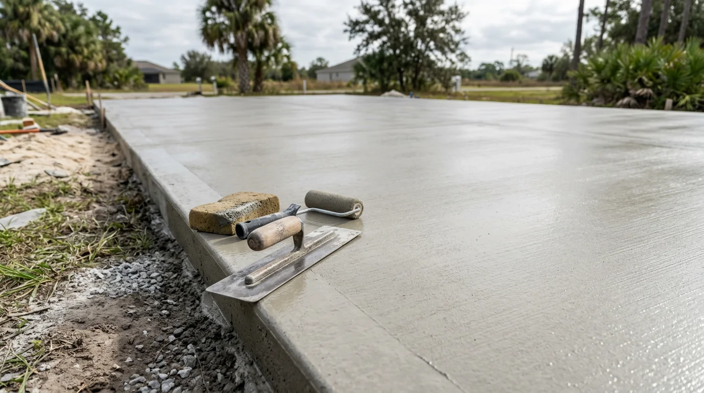Freshly finished concrete slab with a smooth, even surface outside a residential home in Oldsmar, Florida. A contractor edges the perimeter of the slab in preparation for sealing.