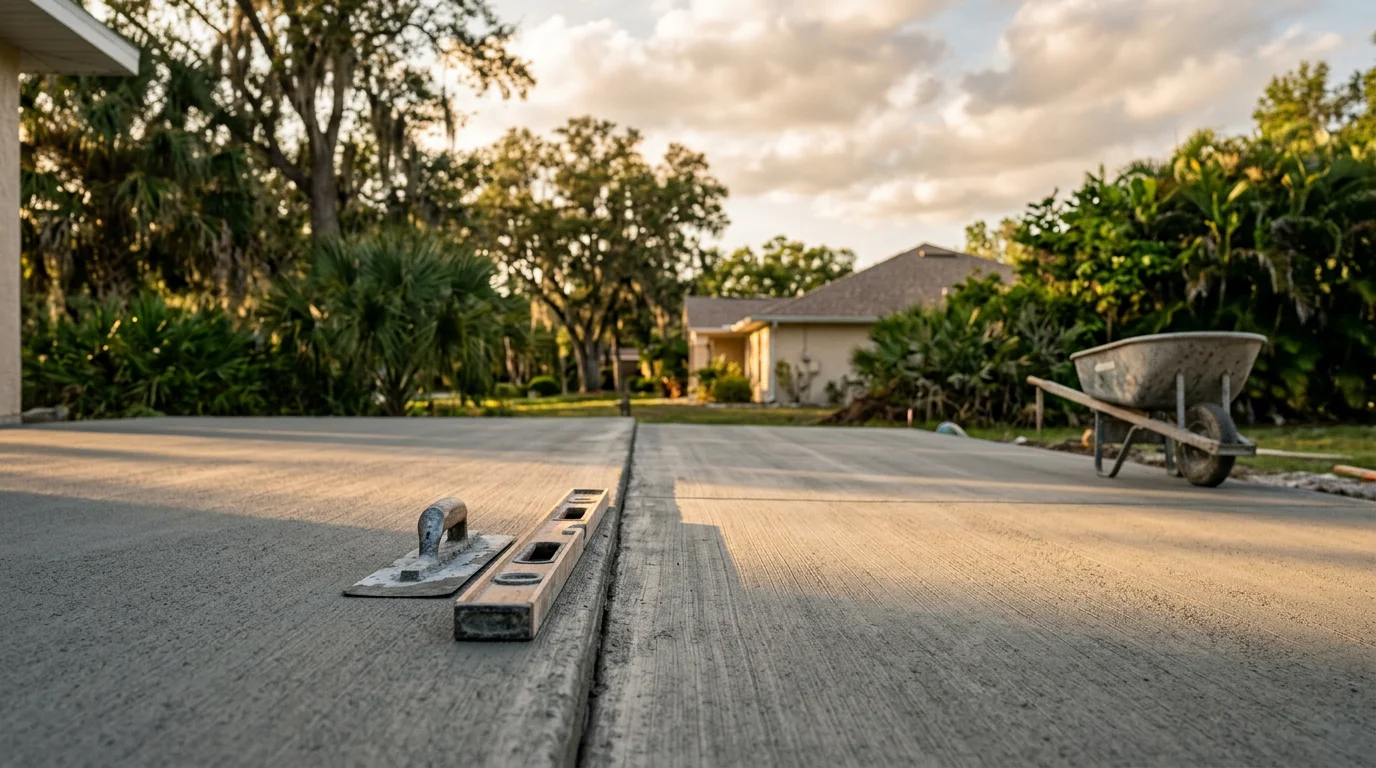 A freshly installed concrete patio behind a residential home in Oldsmar, Florida, showing a smooth, evenly finished slab with clean edges and a graded surface ready for outdoor furniture.