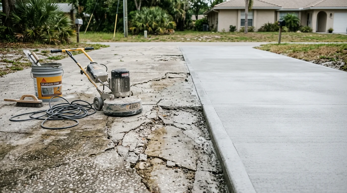 A repaired concrete slab in a residential yard in Oldsmar, Florida, showing a smooth, crack-free surface next to an older weathered section. Close-up view highlights the finished repair work on a sun-exposed outdoor surface.