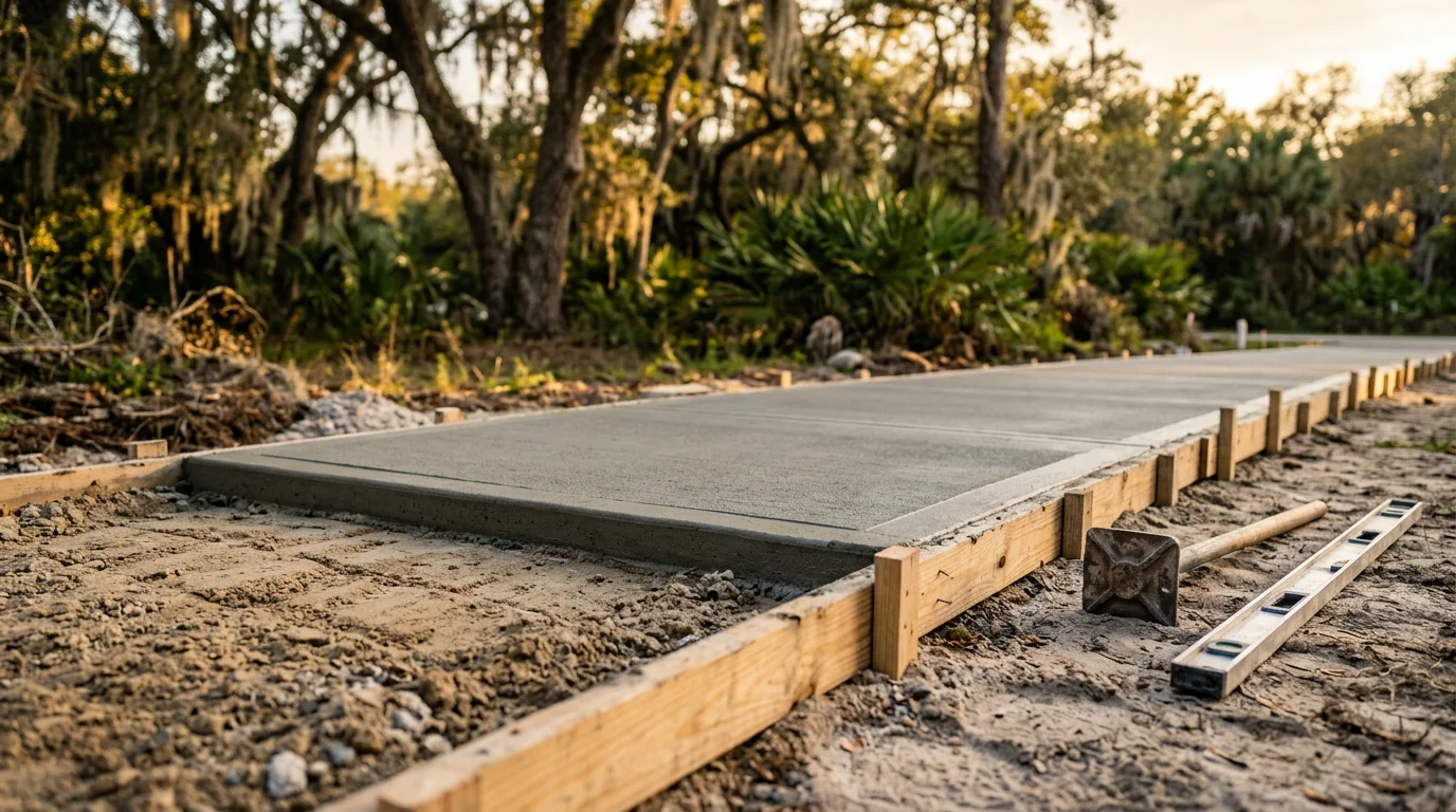 A freshly installed concrete walkway leading to the front entry of a residential home in Oldsmar, Florida, with a clean broom finish and neatly edged borders. The path runs through a landscaped yard typical of Tampa Bay area properties.