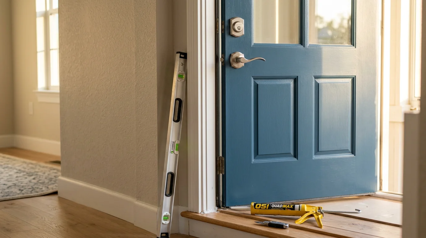 A newly installed exterior entry door on a single-family home in Oldsmar, Florida, showing a clean frame fit and finished threshold. The door is viewed from the front of the home with a clear view of the surrounding trim and exterior wall.