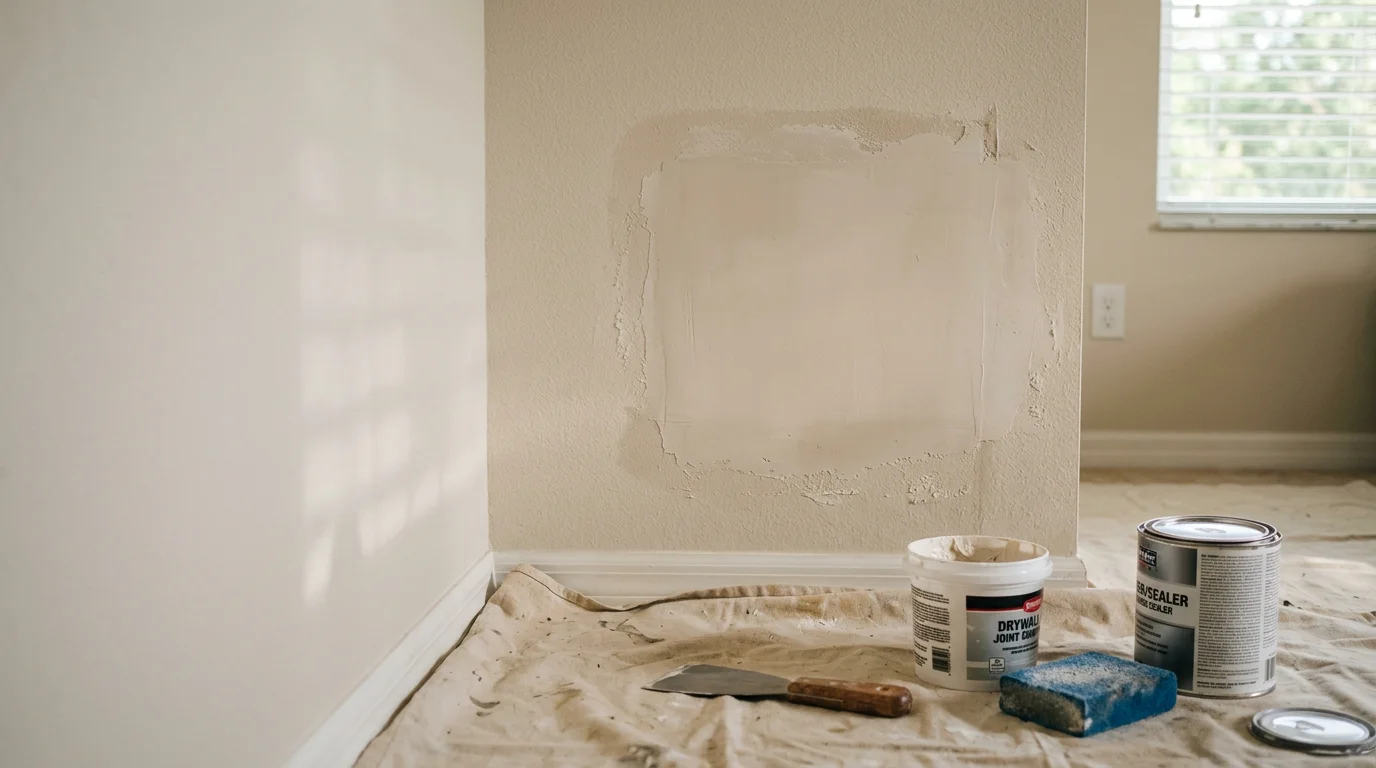 A freshly repaired and smooth drywall wall in an Oldsmar home interior, with texture blended to match the surrounding surface and ready for paint. The repair covers a previously water-damaged section near a window in a Florida residential room.