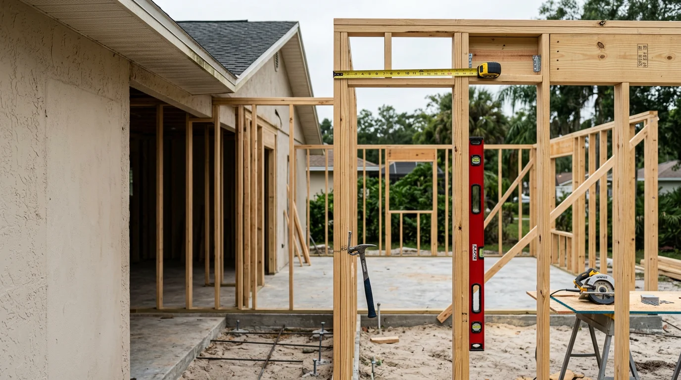 A newly completed home addition in Oldsmar, Florida, showing a seamlessly integrated room expansion with matching exterior finish and roofline tied into the existing single-family home. The addition extends the rear of the house and reflects the surrounding residential character of the Tampa Bay area.