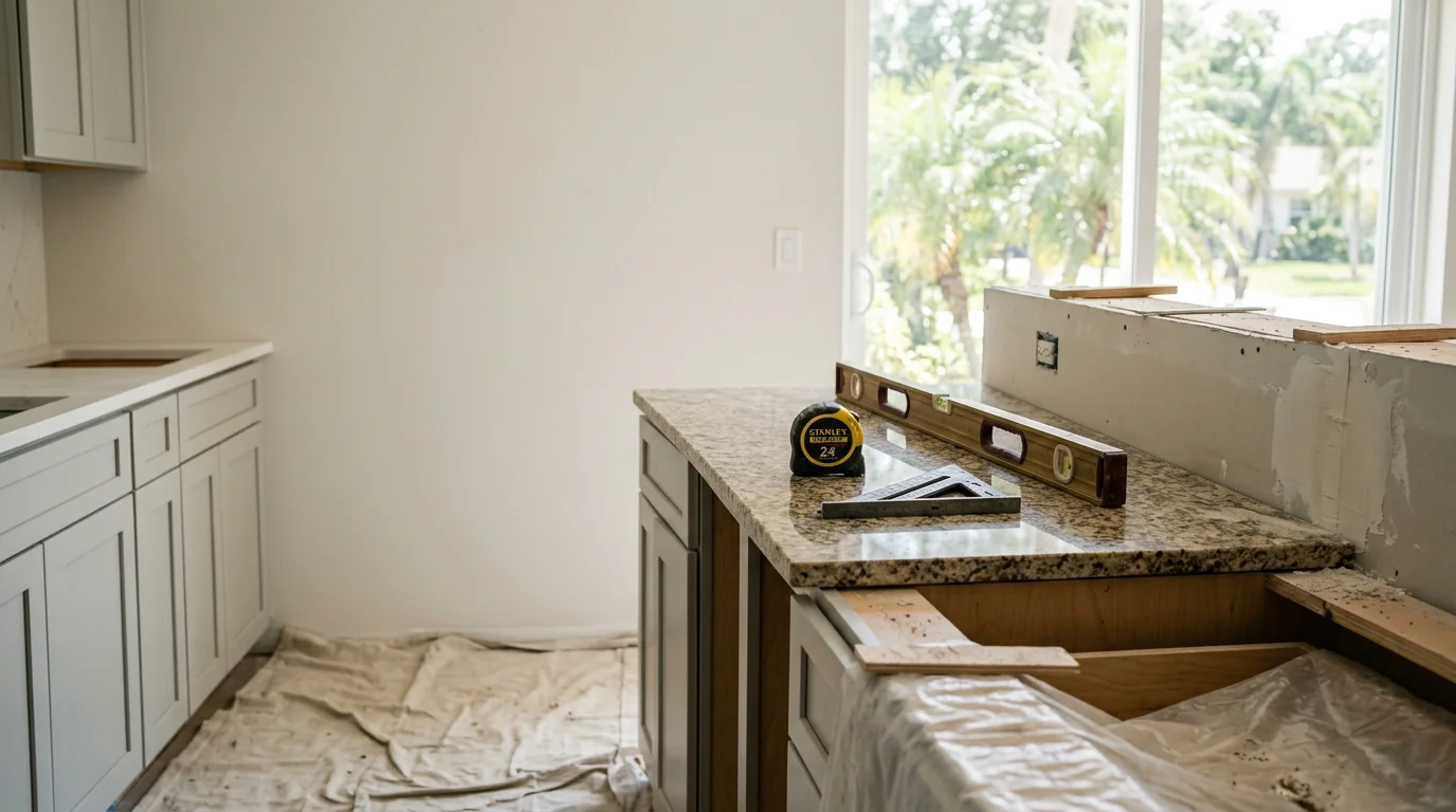 Renovated open-concept kitchen and living area inside an Oldsmar home, showing updated cabinetry, flooring, and interior finishes. Stewart Building Solutions home renovation project in the Tampa Bay area.