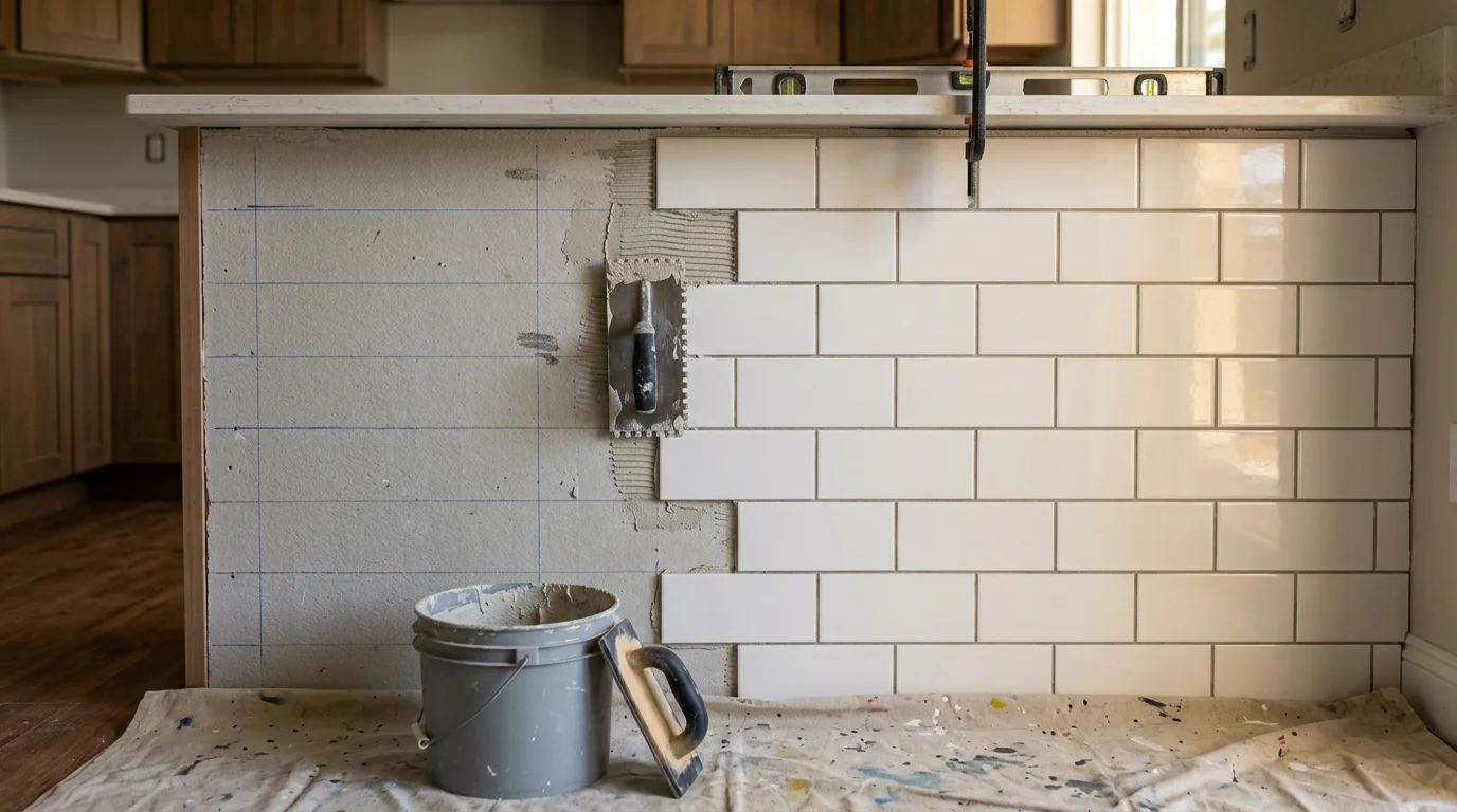 A freshly installed kitchen tile backsplash behind a countertop and range in an Oldsmar home, showing clean grout lines and a smooth tile-to-counter joint. The backsplash runs from the countertop surface to the upper cabinets, with even spacing and sealed edges throughout.