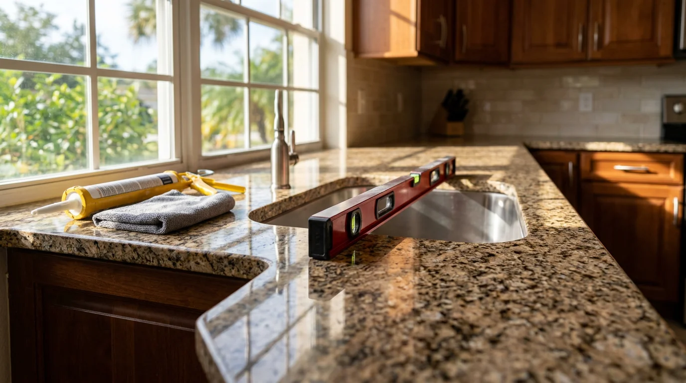 Newly installed kitchen countertop in an Oldsmar, Florida home, showing clean edge finishing and a fitted sink cutout. The surface sits flush against the cabinetry in a bright, open kitchen typical of Tampa Bay area homes.