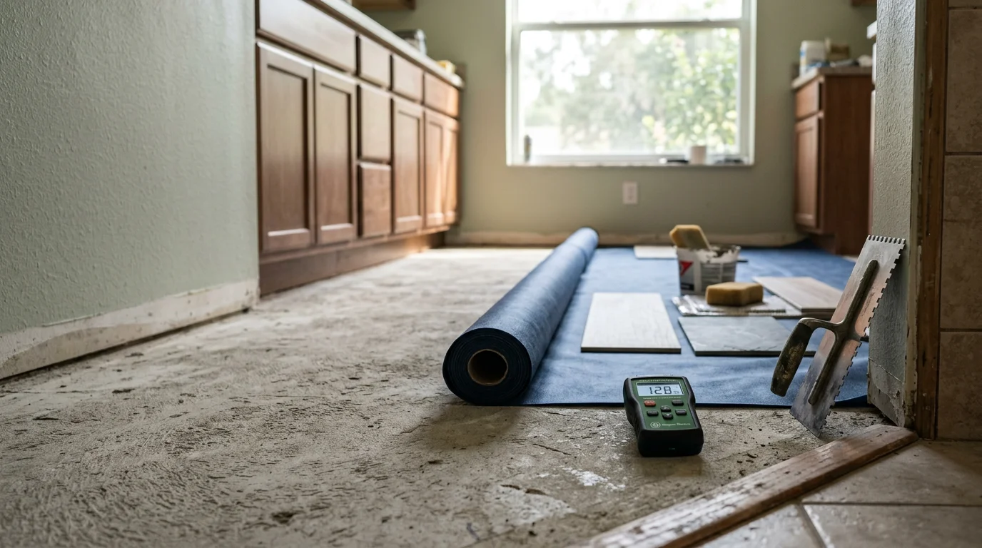 Newly installed moisture-resistant kitchen flooring in an Oldsmar home, showing a clean and even surface extending from the kitchen island to the cabinetry. The finished floor reflects natural light from a nearby window in a typical Florida slab-construction kitchen.