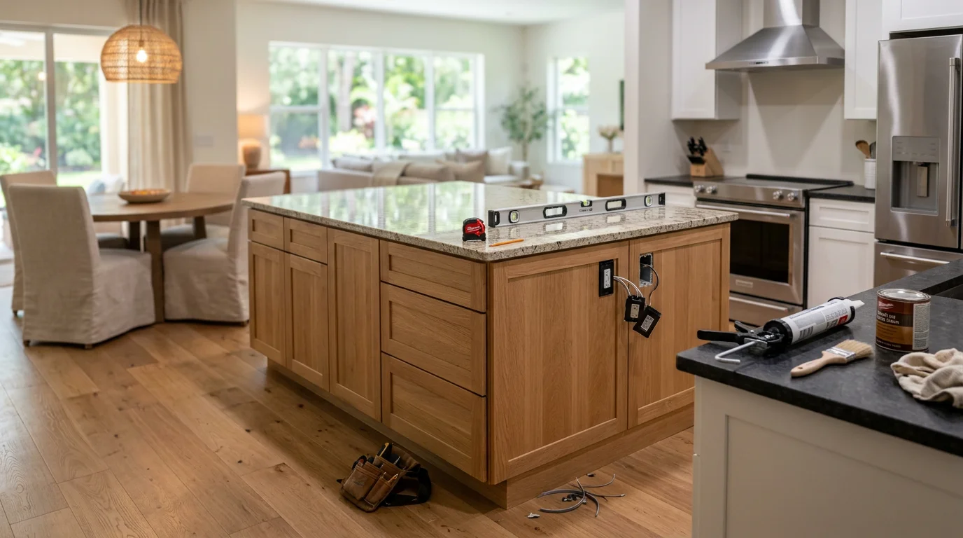 Newly installed custom kitchen island with built-in cabinetry and countertop seating in an Oldsmar, Florida home. The open-plan kitchen shows clear walkway clearance on both sides of the island with pendant lighting positioned above.