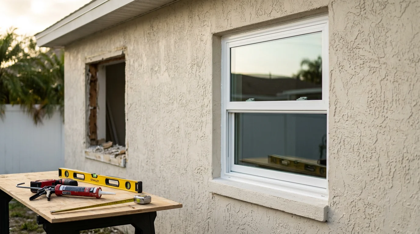 Freshly installed windows on a single-story residential home in Oldsmar, Florida, with clean frame lines and bright natural light visible through the glass. The exterior shows typical Florida construction with clear sightlines to the surrounding neighborhood.